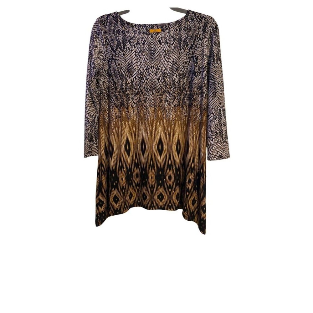 Ruby Rd Women's S Multicolor Tunic Top 3/4 Sleeve Snake & Ikat Print Lagenlook